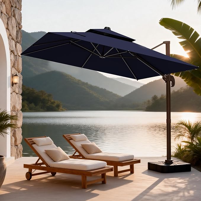 10x10Ft Patio Umbrella Outdoor Cantilever Rectangle Umbrella, 6-Level Tilt & 360° Rotation Offset Umbrella for Garden, Deck, Pool(Navy Blue)