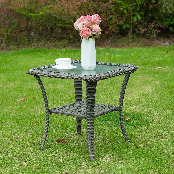 VIVIJASON Outdoor Wicker Side Table, All-Weather Rattan Patio Side Table Bistro Table with 2-Tier Storage, Tempered Glass Top Square End Table for Indoor, Balcony, Garden, Porch, Deck, Gray