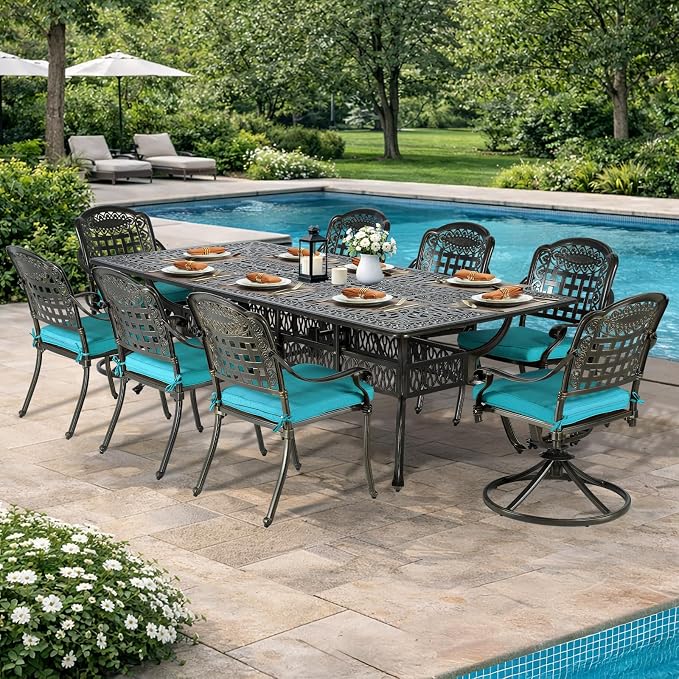 VIVIJASON 9-Piece Outdoor Dining Set, Cast Aluminum Patio Table & Chair Furniture Set, Include 94.5" Rectangular Table, 2 Swivel Rocker Chairs, 6 Stationary Chairs, Umbrella Hole, Ocean Blue Cushion