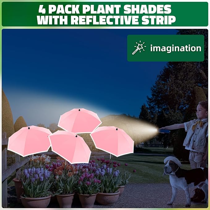 4 Pack 24.9" Plant Umbrellas for Outdoor Plants,47.2" Height Small Umbrella with Reflective Strip, Adjustable Plant Shades for Outdoor Plants, Garden, Potted