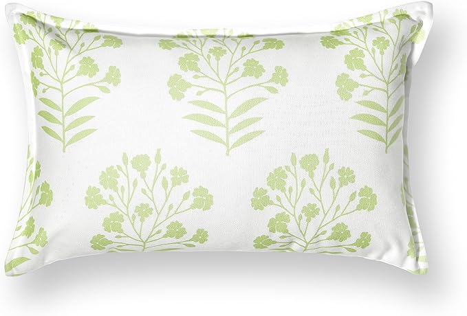 Hofdeco Premium Coastal Patio Indoor Outdoor Lumbar Pillow Cover Only, 12"x20" Water Repellent for Backyard, Couch, Green Print Floral