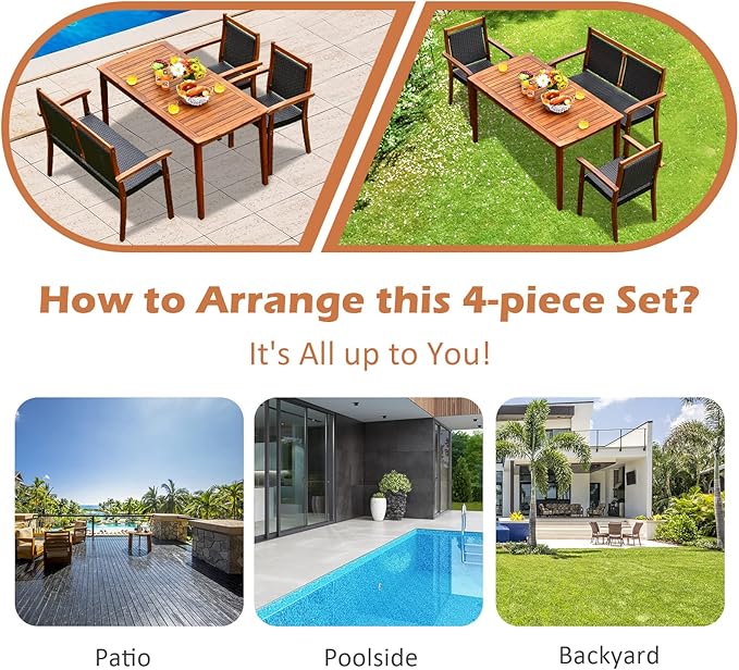 Tangkula 4 Pieces Patio Dining Set for 4, Patiojoy Space-Saving Outdoor Acacia Wood Dining Table and PE Rattan Chairs Set with 1.9” Umbrella Hole, for Garden, Backyard, Deck, Poolside, Balcony
