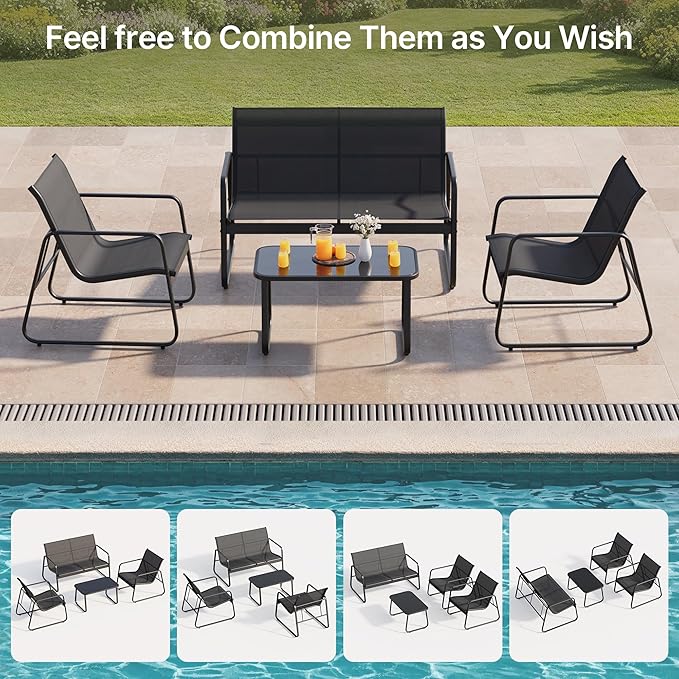 Gizoon 4 Piece Patio Furniture Set, Outdoor Patio Furniture with Loveseat and 2 Single Chairs, Bistro Table and Chairs Set for Backyard, Balcony, Lawn,Black