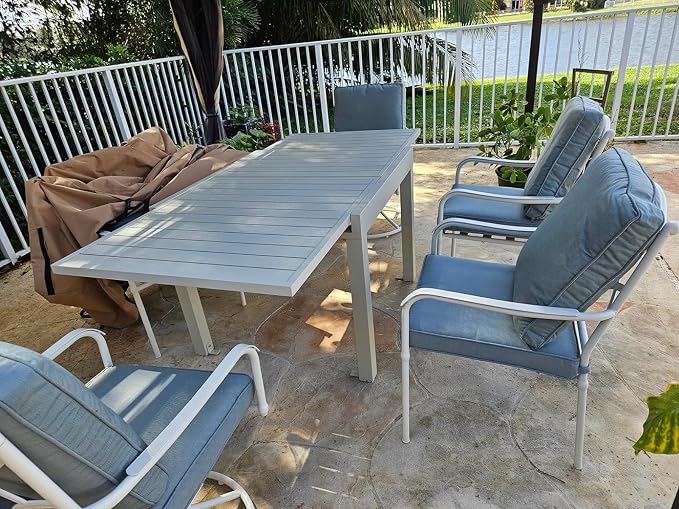 Domi Aluminum Patio Extendable Dining Table 35"- 71", Adjustable Indoor Outdoor Patio Dining Table with E-Coating for 4-6 Person Garden Lawn Porch Bistro Furniture, Elegant Ivory White