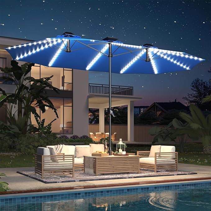 AECOJOY 15ft Patio Umbrella with Solar Lights, Large Patio Umbrella with Crank Handle and 156 PCS LED Lights, Outdoor Rectangular Market Umbrella for Backyard Deck Pool in Blue(1.9" Pole)