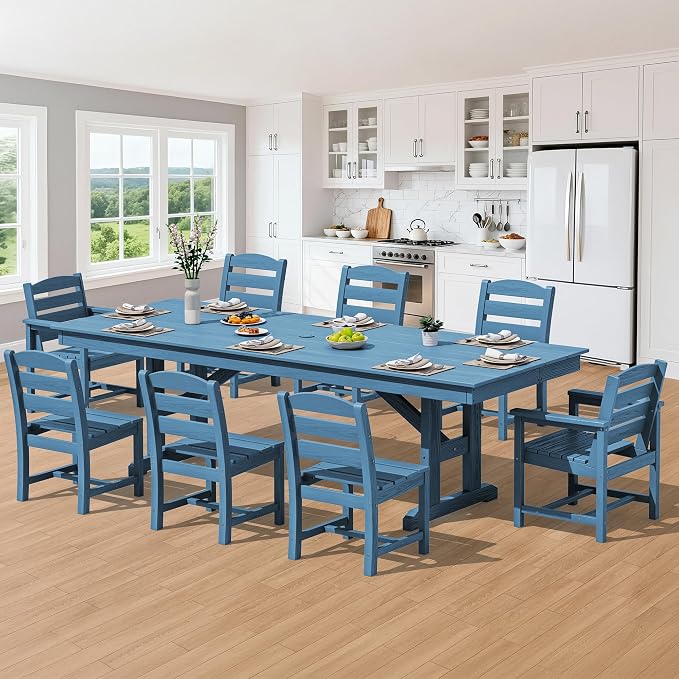SERWALL 9 Piece Outdoor Dining Set, 84" HDPE Outdoor Table with 6 Armless Chairs and 2 Armchairs ,All Weather Patio Dining Furniture Set with Umbrella Hole for Backyard, Garden, Blue