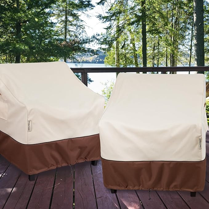 2Pack Waterproof Patio Chair Covers-600D Oxford Heavy Duty Outdoor Furniture Cover, UV & Wind Resistant Deep Seat Chair Protector for All Seasons (Beige/Brown, 28" W x 30" D x 32" H)