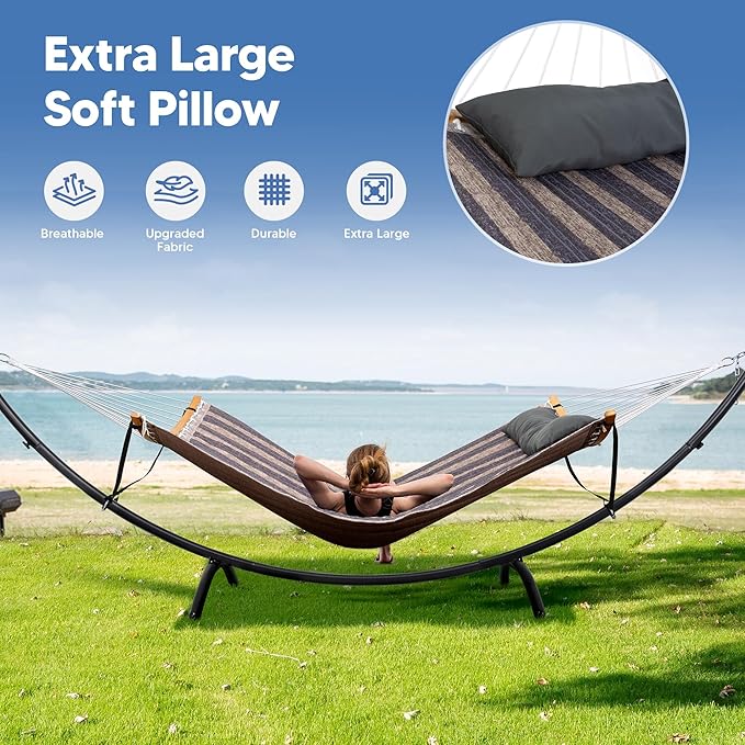 SUNCREAT Hammocks for Outside with Stand, Porch Hammock and Stand, 475 lbs Capacity, Patent Pending, Gray Stripes