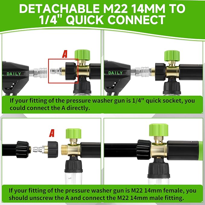 Tool Daily Short Pressure Washer Gun with Mini Foam Cannon, Dual Connector Accessory, 5 Power Washer Nozzle Tips, 1/4 Inch Quick Connect