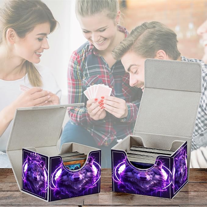 Card Deck Box for MTG, Cards Storage Box Fits 120+ Sleeved, Leather Small Size Strong Magnetic Closing Card Case for Board Games Magic TCG CCG Baseball Collection, Cool Wolf Purple