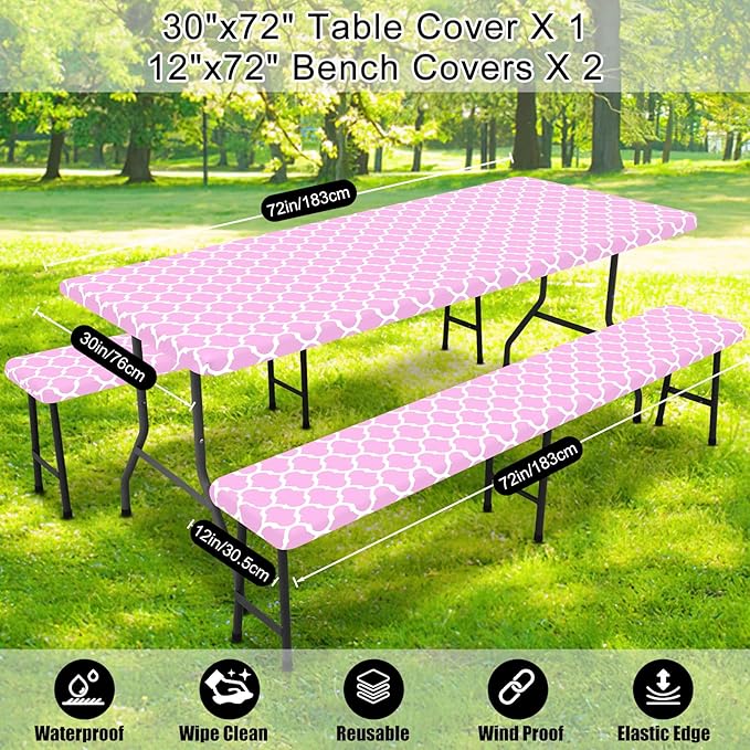 Smiry Picnic Table Cover with Bench Covers, Waterproof Elastic Fitted Tablecloth for 6 Foot Tables, Washable Polyester Tablecloths for Camping, Indoor & Outdoor (Pink, 30x72 Inch 3-pc Set)