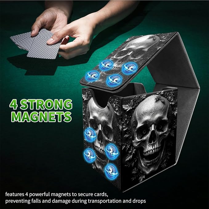 Dark Skull Card Deck Box for MTG, Personalized Card Storage Case Fits 120+ Sleeved Cards, Premium Leather TCG Box with Strong Magnetic Closure for Magic, CCG, PTCG, Baseball Cards