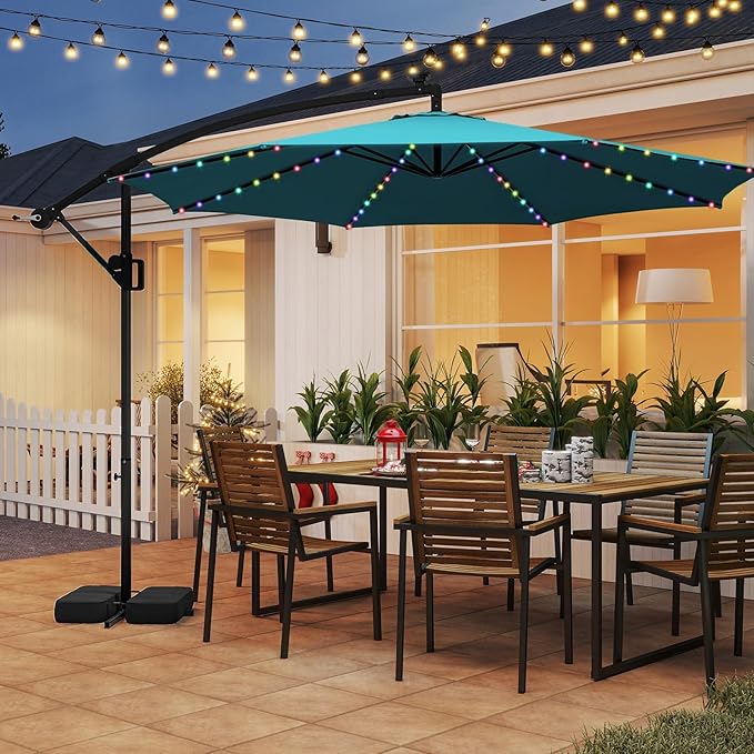 HAPPYGRILL 10 FT Offset Hanging Umbrella with Multi-Colored Flowing LED Lights, 9 Light Modes, Outdoor Patio Cantilever Umbrella with Base, Easy Tilt, 360° Rotation, Crank