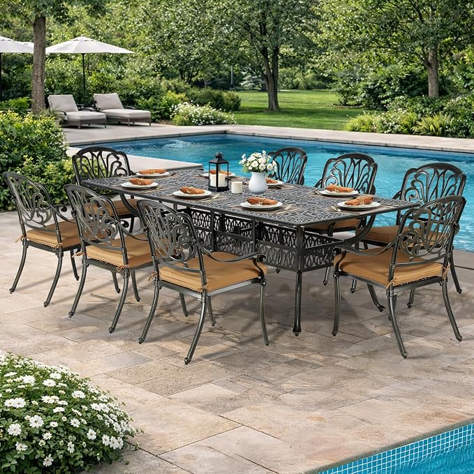 VIVIJASON 9-Piece Outdoor Dining Set, All Weather Cast Aluminum Retro Patio Furniture Table and Chairs Set for 8, Include 94.5" Rectangular Dining Table and 8 Chairs with Umbrella Hole, Khaki Cushion