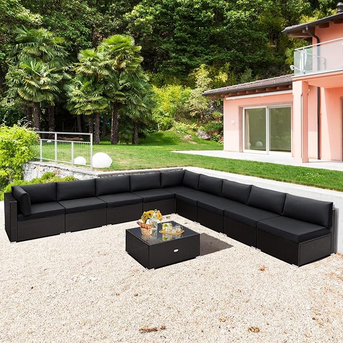 Tangkula 10 Piece Patio Sofa Set, Patiojoy Outdoor Wicker Conversation Set with Seat & Back Cushions, Tempered Glass Tabletop, Sofa Fastener Clips Included, Rattan Furniture Set for Backyard, Poolside