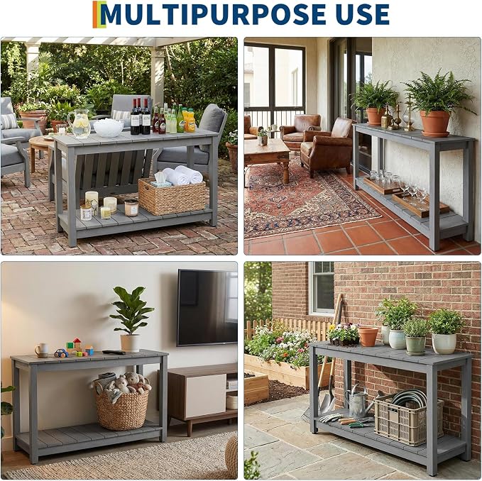 Outdoor Console Table for Patio - 48 Inch 2-Shelf Wood Patio Table with Weatherproof Finish, All-Weather Buffet & Storage Table for Porch, Entryway, Garden