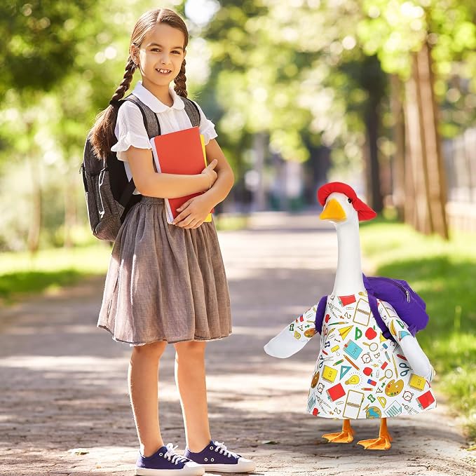 FuWeave Back to School Porch Goose Outfit Set for Plastic Statue Lawn Porch Goose Clothes with Schoolbag for Patio Decor