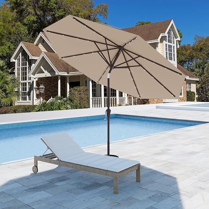 9FT Patio Umbrella with Solar Lights,Outdoor Market Umbrella with Tilt and Crank, LED Lighted Table Umbrella for Garden,Deck,Backyard,Pool,Beach (Beige)