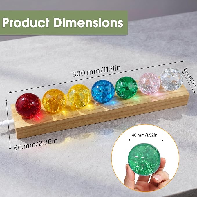 L LOHAS LED 7 Colors 40mm Ice Cracked Balls Crystal Chakra Balls with LED Wooden Base Glass Healing Sphere Balls with Stand Night Light Decoration Quartz for Home Living Room