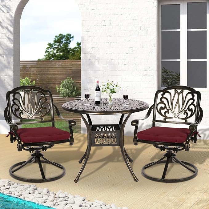 3-Piece Outdoor Patio Dining Set, All-Weather Cast Aluminum Patio Furniture Set for Backyard Garden Deck with 2 Swivel Cushioned Chairs and 35.4” Round Table, 2" Umbrella Hole, Chili Red