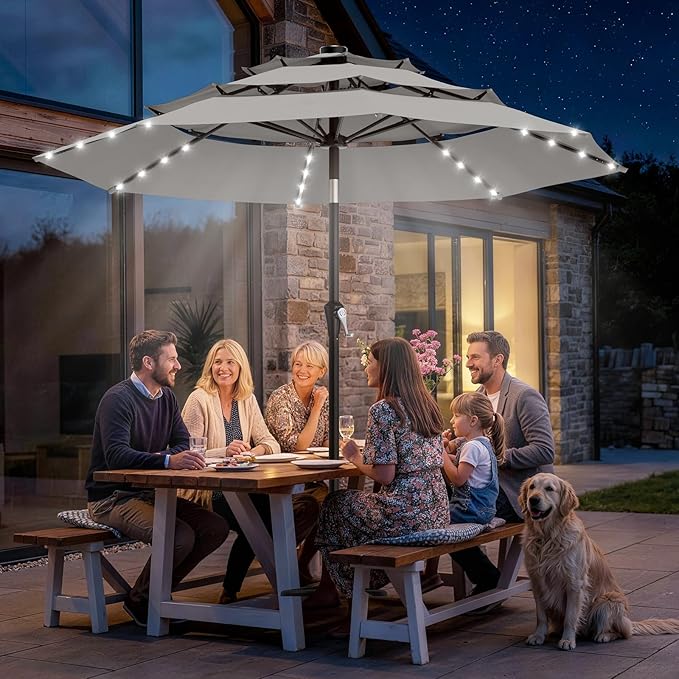 AreShark 9ft 3 Tiers Patio Umbrella with Solar Lights, Outdoor Umbrella w/ 32 LED Lights&8 Sturdy Ribs, Table Umbrella for Deck, Backyard, Pool (Light Gray)