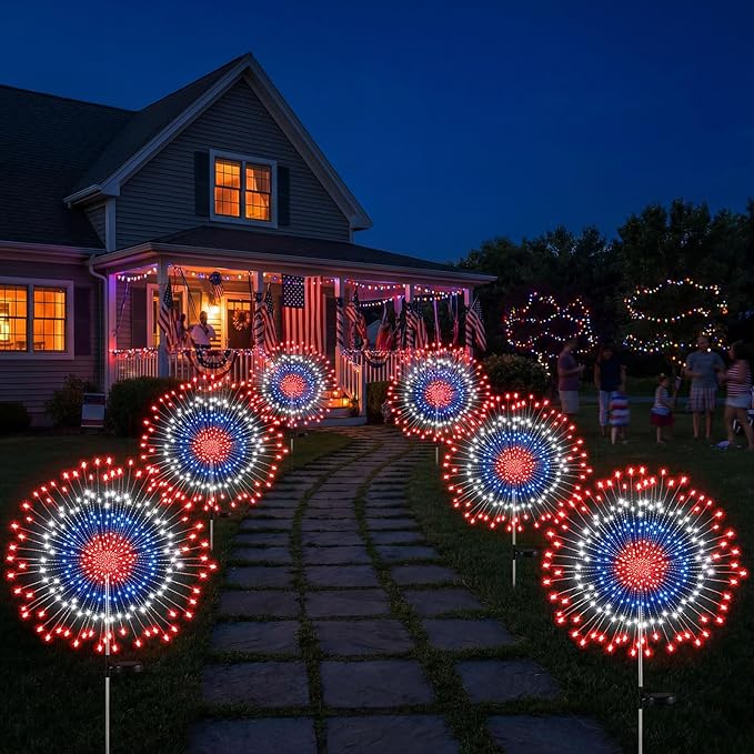Tujoe 6 Pcs 4th of July Solar Firework Lights Patriotic Solar Light Outdoor Garden 120 LED 8 Modes Waterproof LED Sparkler Light for 250th Anniversary Patio Yard Pathway Walkway (Patriotic Colors)