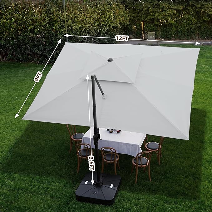 9 X 12 FT Cantilever Outdoor Patio Umbrella with Base Included Large Heavy Duty 360° Rotation Double Top Offset Rectangular Umbrellas with LED Lights for Backyard Outside Deck, Fog Grey
