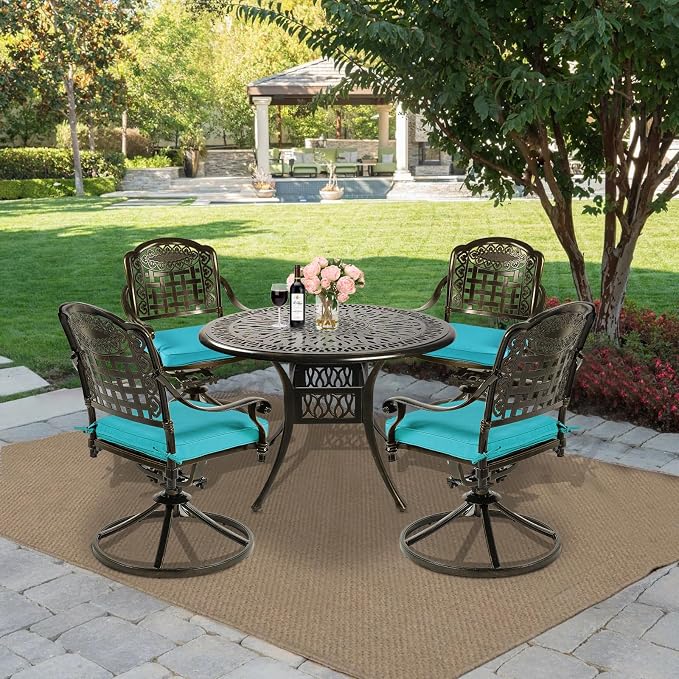 MEETWARM 5-Piece Outdoor Patio Dining Set, All-Weather Cast Aluminum Patio Conversation Set with 4 Cushions Swivel Rocker Chairs for Backyard Garden Deck and 35.4" Round Table, Ocean Blue