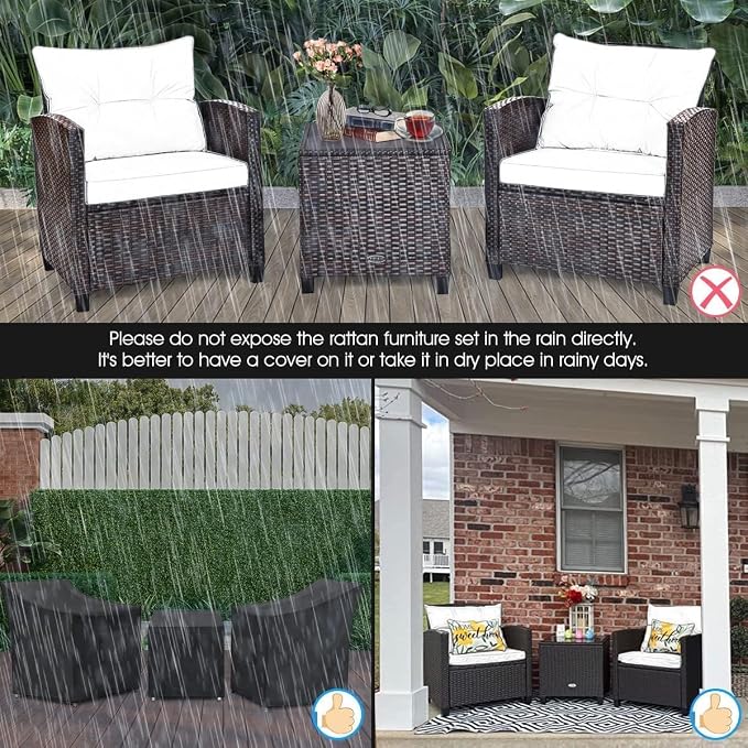 HOMGX 3 Pieces PE Rattan Wicker Patio Sofa Chairs, Outdoor Furniture Conversation Sets with Washable Cushion & Glass Table, Rattan Sofa Set for Balcony, Porch, Yard, Backyard, Lawn, (Black)