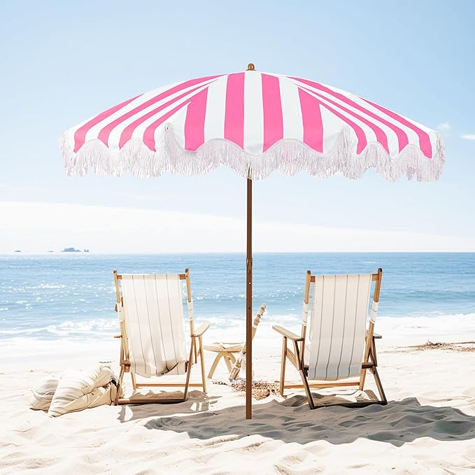 Rayjee 6.5FT Patio Umbrella with Fringe, Portable Boho Beach Umbrella, Tilt & Adjustable Height, 2-Piece Aluminum Pole for Pool, Garden, Deck & Beach
