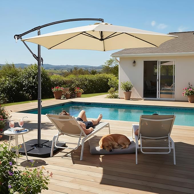 VINGLI 10 ft Cantilever Patio Umbrella, Offset Cantilever Outdoor Umbrella with Solar Lights, Easy Crank & Tilt Adjustment for Backyard, Poolside, Deck