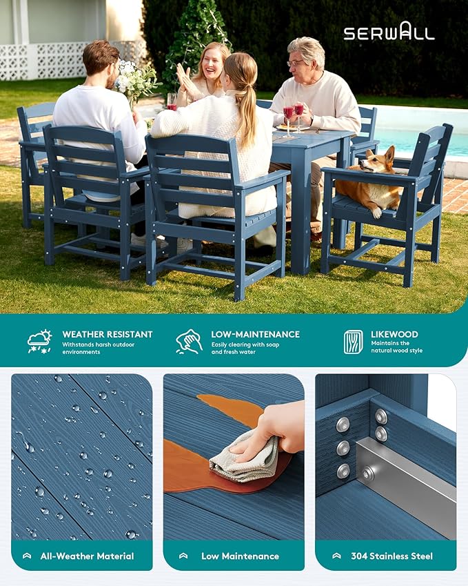 SERWALL Patio Dining Sets for 8, Outdoor Dining Sets for 8 Person with 2 Umbrella Hole Cut-Out Rectangular Tables and 8 Chairs, HDPE Dining Sets for Garden, Backyard, Poolside, Blue