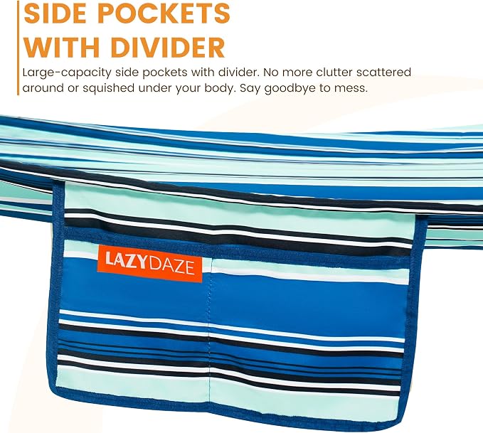 Lazy Daze Hammocks 12FT Quilted Double Hammock with V-Spreader Bar, 2 Person Portable Hammock with Nylon Rope, Side Pocket and Pillow, 450lbs Capacity, Includes Carry Bag for Outside, Blue Stripes