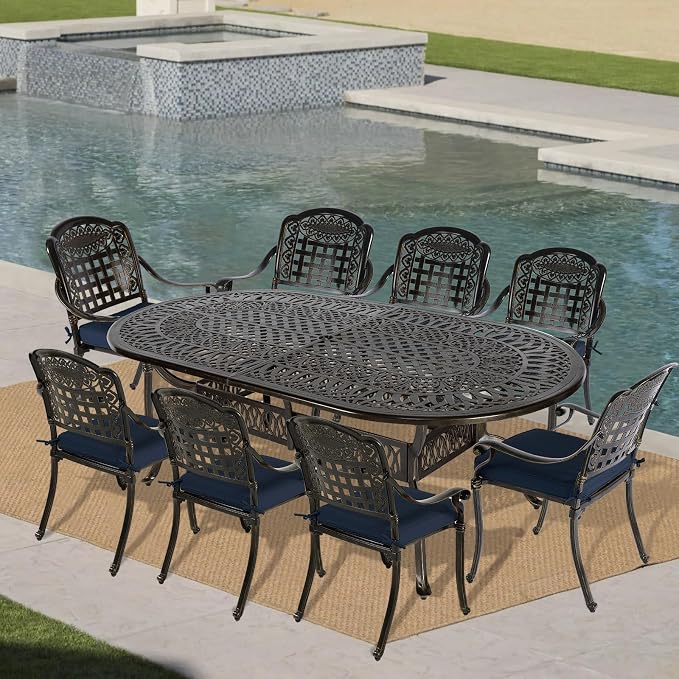 VIVIJASON 9-Piece Patio Furniture Dining Set, Rust-Free Cast Aluminum Outdoor Conversation Set, Include 8 Cushioned Chairs and an Oval Table with Umbrella Hole for Lawn Backyard, Navy Blue Cushion