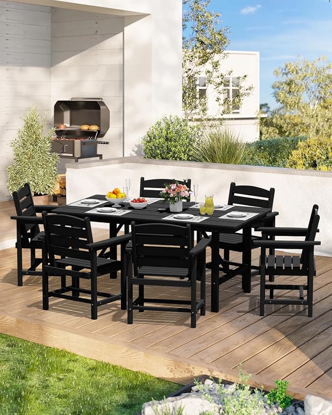 PLUUV Outdoor Patio Dining Set for 6, 66" HDPE Table with Umbrella Hole Cut-Out & 6 Chairs, Wood-Like Texture, All-Weather Furniture for Backyard, Garden, Porch, Black
