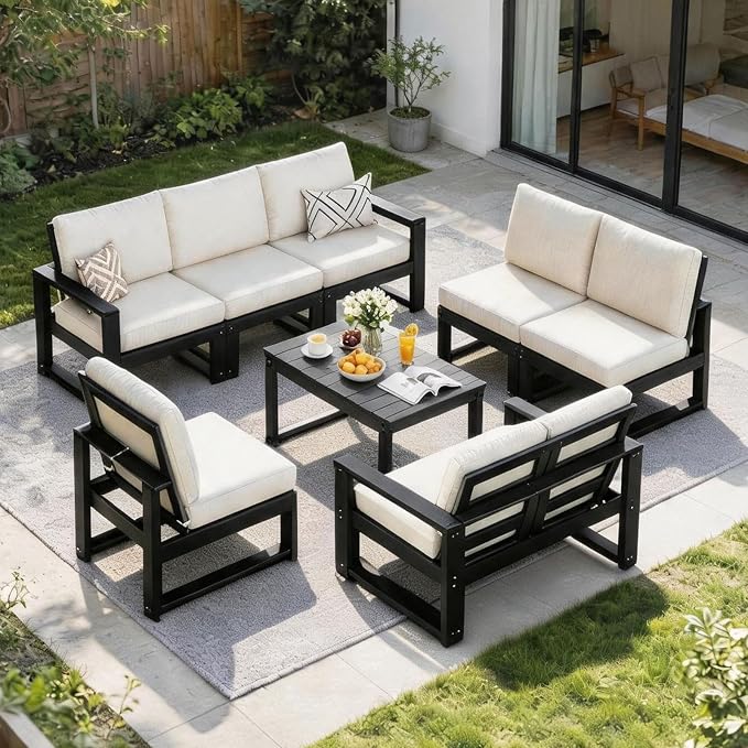 2-Piece Patio Furniture Set,Outdoor HDPE Sectional Sofa with Cushions,Outdoor Sectional Furniture Set for Porch,Backyard,Deck,Black