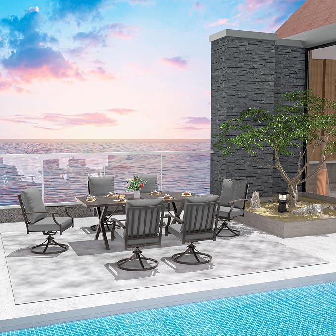 7-Piece Patio Dining Set Outdoor Conversation Set,Metal Outdoor Furniture Set with Umbrella Hole Cut-Out 78.7" x 35.4" Table and 6 Metal Backrest Swivel Chairs for Backyard,Garden,Grey