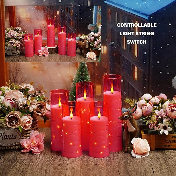 kakoya Flameless LED Candles with Timer 5 Pc Flickering Flameless Candles for Romantic Ambiance and Home Decoration Stable Acrylic Shell,with Embedded Star String,Battery Operated Candles(Pink)
