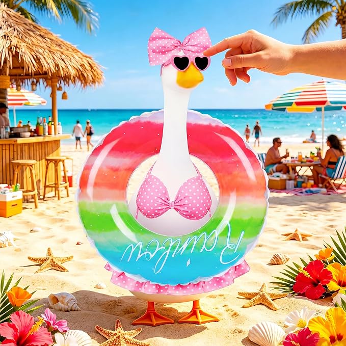 Porch Goose Summer Outfit, 23 Inch Hawaiian Bikini Costume, Accessories Include Bow, Sunglasses & Swim Ring, Fits Cement Goose Statue for Garden Patio Yard Outdoor Decor (Polka Dot)