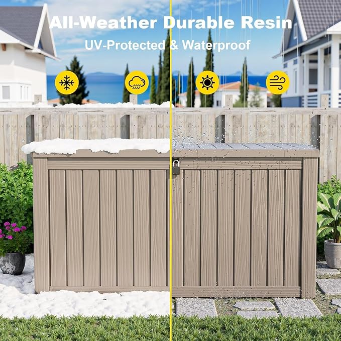 Resin Deck Box, Lockable Patio Outdoor Storage Box for Furniture, Garden Tools and Tools Storage, Waterproof Outside Storage Boxes (Grey, 150 Gallon)