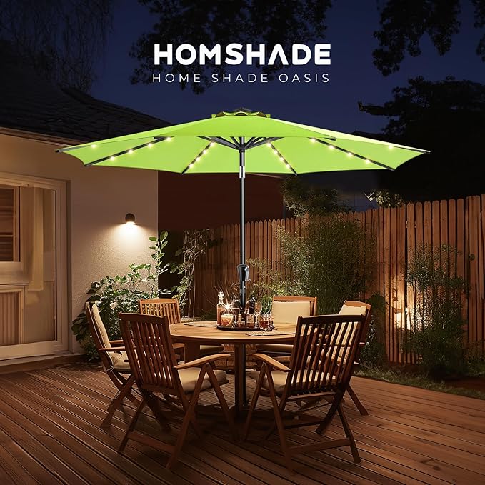 HOMSHADE 9ft Solar Patio Umbrella - Solar Lights LED Lighted Outdoor Market Table Umbrella, UPF50+ UV Protection with Push Button Tilt, Crank for Pool Deck and Garden (Apple Green)