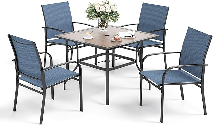 SUNSHINE VALLEY 5 Piece Patio Dining Set for 4, 37”x37” Square Table (PVC Wood-Like Table Top) with 1.57" Umbrella Hole, 4 Metal Blue Chairs, Outdoor Table and Chairs Set for Lawn Backyard and Deck