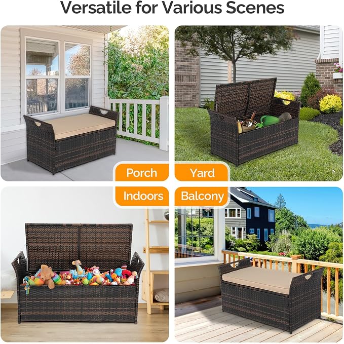 VINGLI 40 Gallon Outdoor Storage Bench with Cushion, Rattan Storage Box, Patio Wicker Deck Box with Seat for Garden | Balcony | Porch | Pool | Yard (Brown Frame + Beige Cushion)