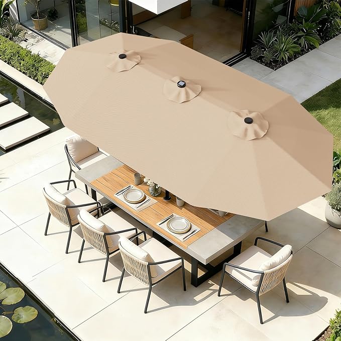 AreShark 13 FT Patio Umbrella with Solar Lights, Double-Sided Outdoor Table Umbrellas with Crank, Large Rectangular Market Umbrella for Porch, Lawn, Pool, Backyard, Beige