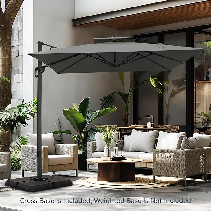 PHI VILLA 9' x 12' Rectangular Cantilever Patio Umbrella with Hydraulic Lift & 360° Rotation – Heavy Duty Windproof Offset Umbrella for Pool, Deck or Garden, Grey