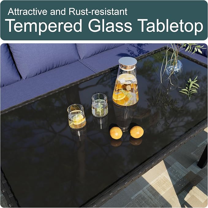 7 Pieces Outdoor Dining Set, Wicker Conversation Patio Furniture with Glass Table, L-Shaped PE Rattan Sectional Sofa Seating with Ottomans for Outside, Backyard, Balcony, Garden, Blue Cushions