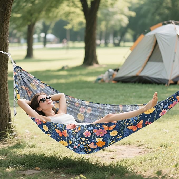 Camping Hammock Outdoor Hammocks for Outside Wildflowers Grasses Butterfly Beach Trees Portable Lightweight with Pockets Tree Straps Indoor