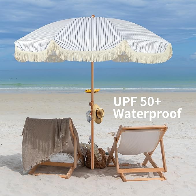 Seazul 6.5ft Patio Umbrella with Fringe, Beach Umbrella, Fringe Umbrella Outdoor Patio with Hanging Hook, Tilting Aluminum Pole, UV 50+, Fiberglass Ribs, Blue White Stripe