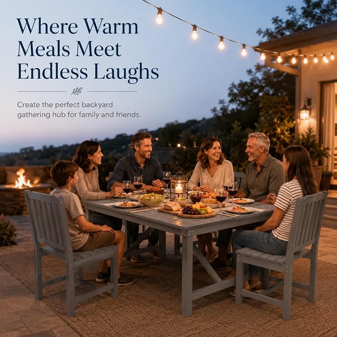 67" Rectangular Outdoor Dining Table, All-Weather HDPE Patio Table for 6-8 Person, Large Composite Wood Furniture with Umbrella Hole for Backyard Deck Garden Poolside, Gray