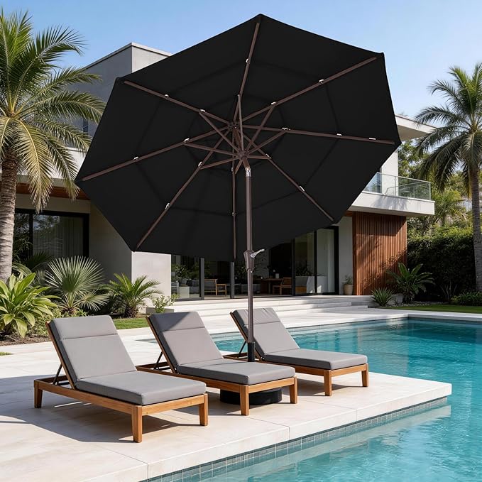 JEAREY 9FT 3 Tier Patio Umbrella Outdoor Market Umbrella Table Umbrellas with 8 Ribs 1.5 Pole Push Button Tilt and Crank UV Protection for Garden,Black